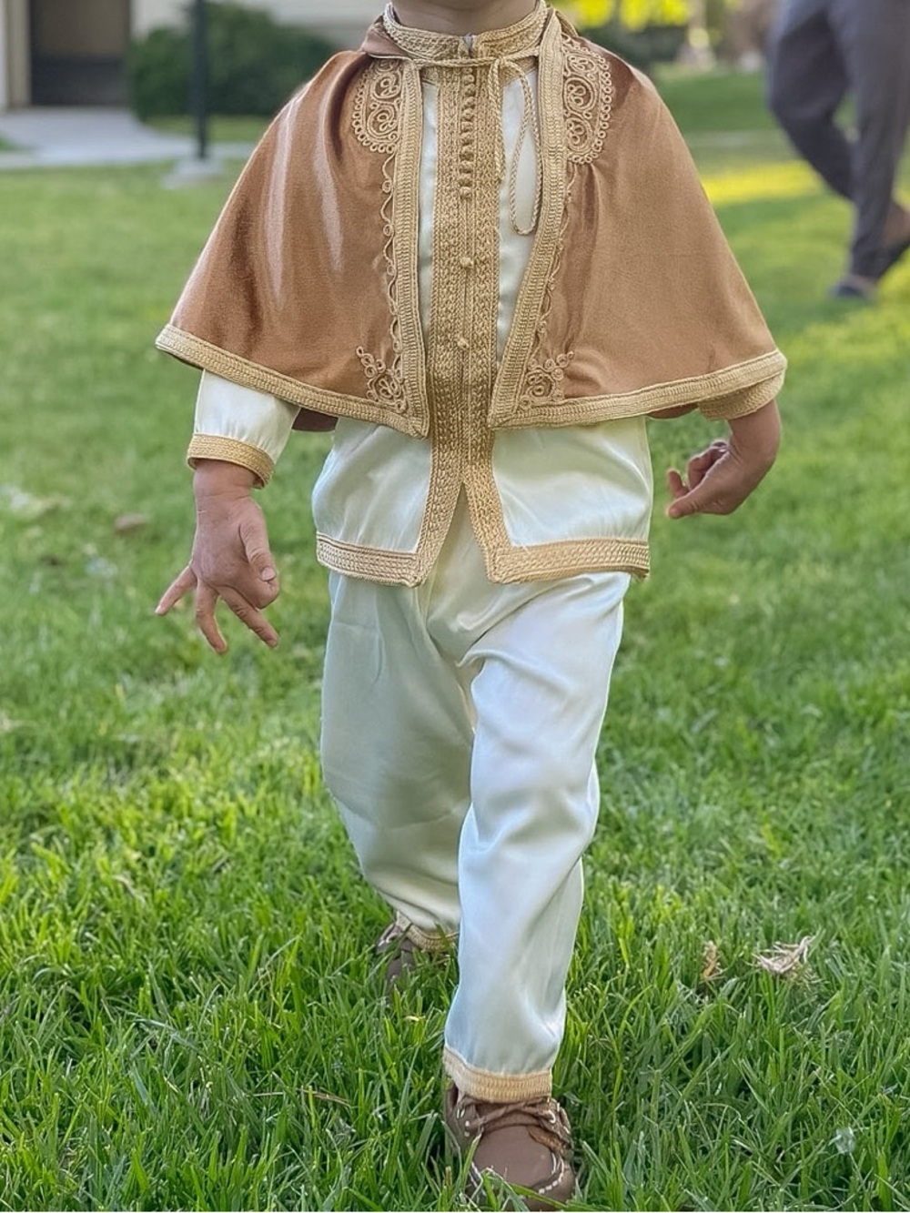 Toddler Ivory and Camel Embroidered Two-Piece Moroccan Outfit